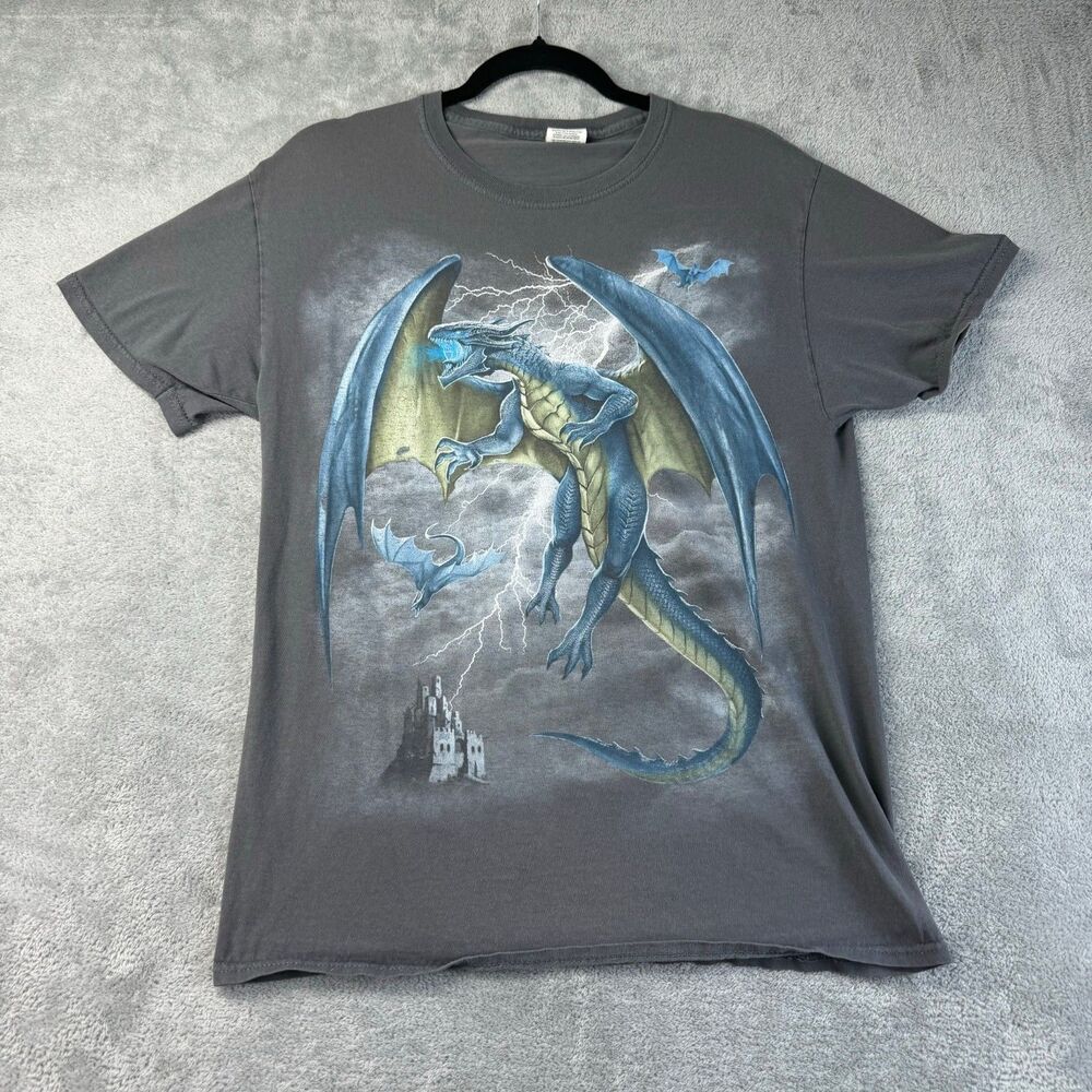 Vintage Y2K T-Shirt Men's Medium Gray Dragon Lightning Castle 90s Short Sleeve
